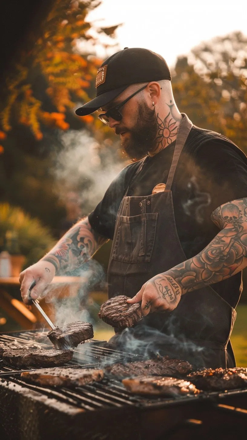 A tattooed founder wearing a black baseball cap, sunglasses, and a black apron over a black shirt grills meat on an outdoor barbecue grill with smoke rising in a warm, golden outdoor setting.