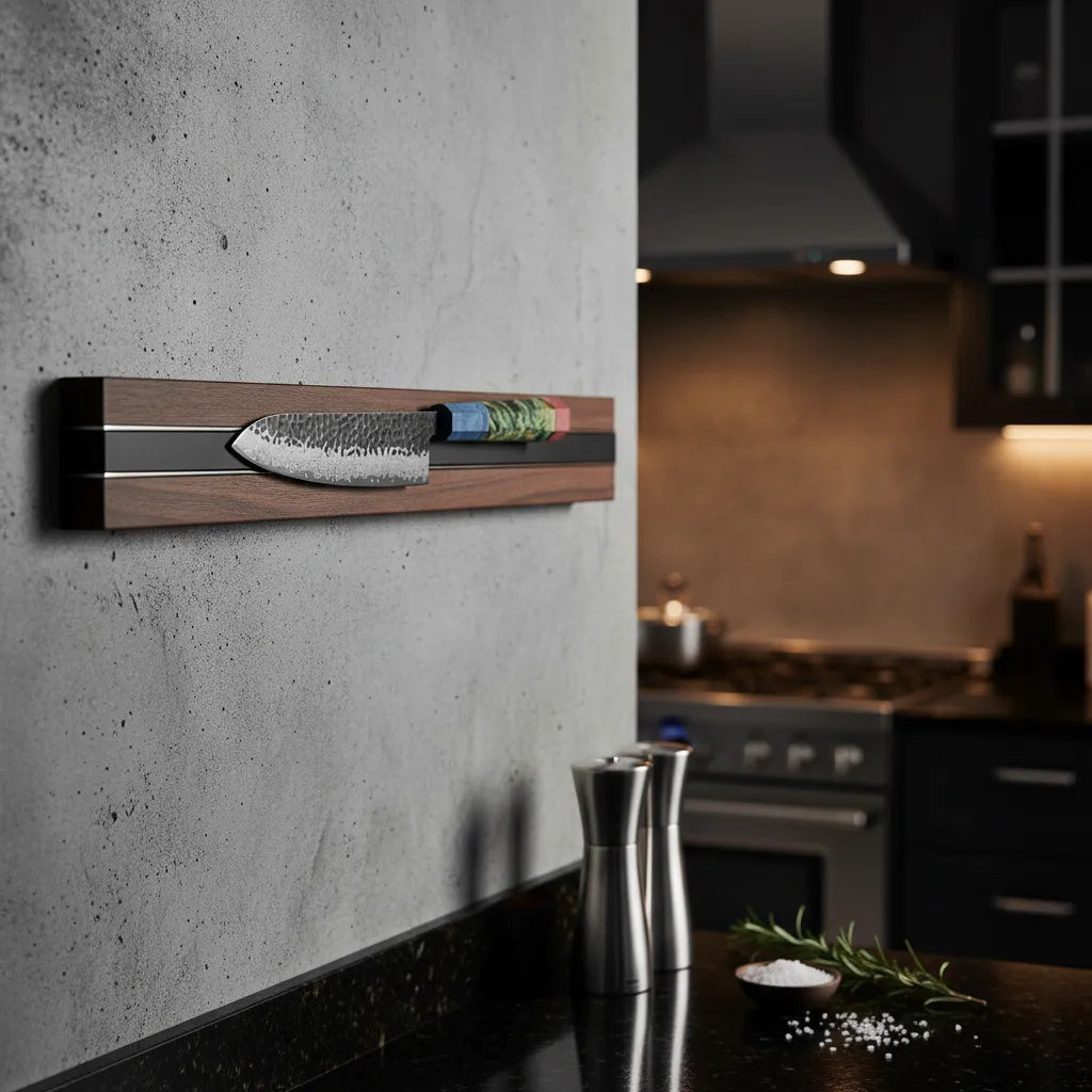 Decorative knife wall mount on a concrete wall with a kitchen setting in the background.