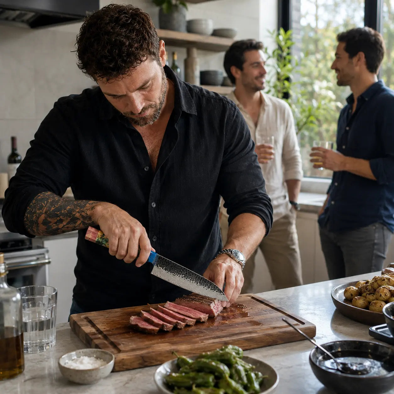 A man in a black shirt slices a steak on a wooden cutting board in a modern kitchen, with two other men standing in the background near a window.