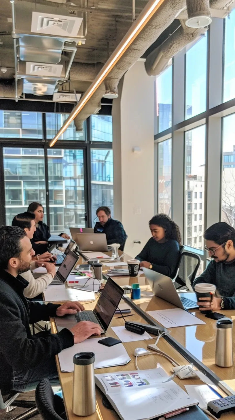 A group of people collaborating around a long wooden conference table in a modern office with large windows, laptops, and coffee cups.