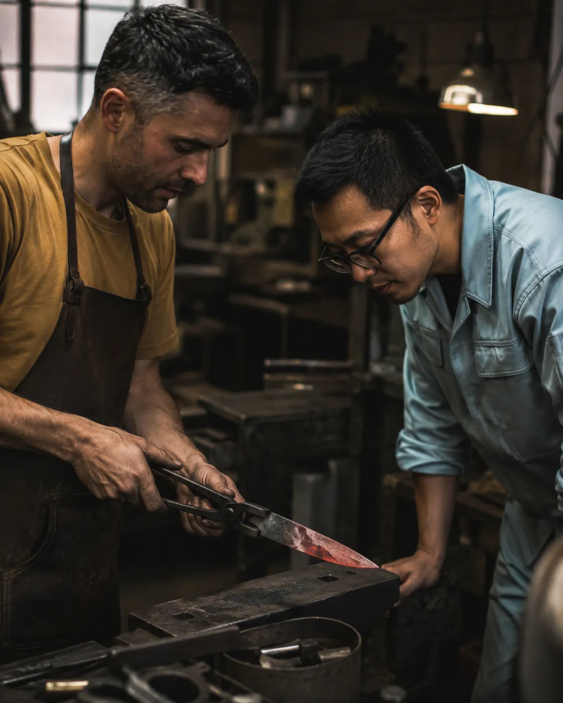 Two men in a blacksmith workshop, one wearing a yellow shirt and brown apron holding tongs over a piece of heated metal, and the other in a light blue work shirt observing closely.