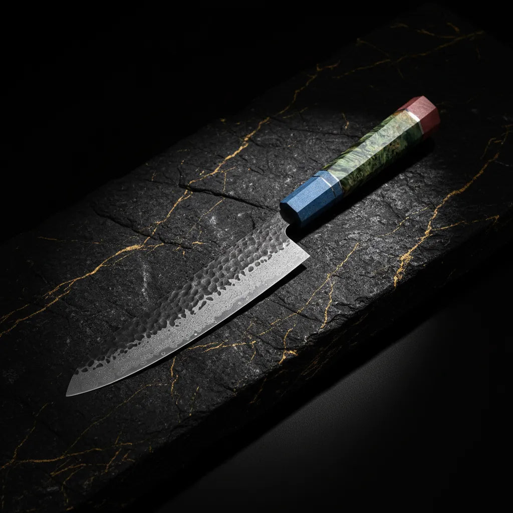 Knife with a decorative handle on a dark marble surface