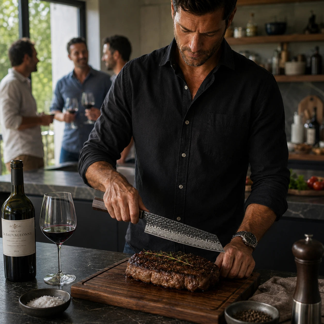 A man in a black button-down shirt slices a cooked steak on a wooden cutting board in a modern kitchen. A bottle of red wine, a wine glass, salt, peppercorns, and a pepper mill are arranged on the counter nearby, with other men holding wine glasses in the softly blurred background.