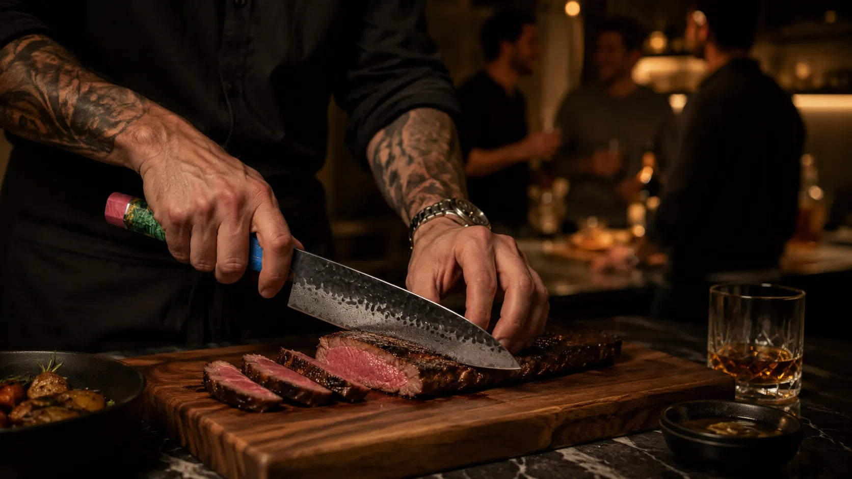 Person cutting meat on a wooden board with a knife in a dimly lit setting