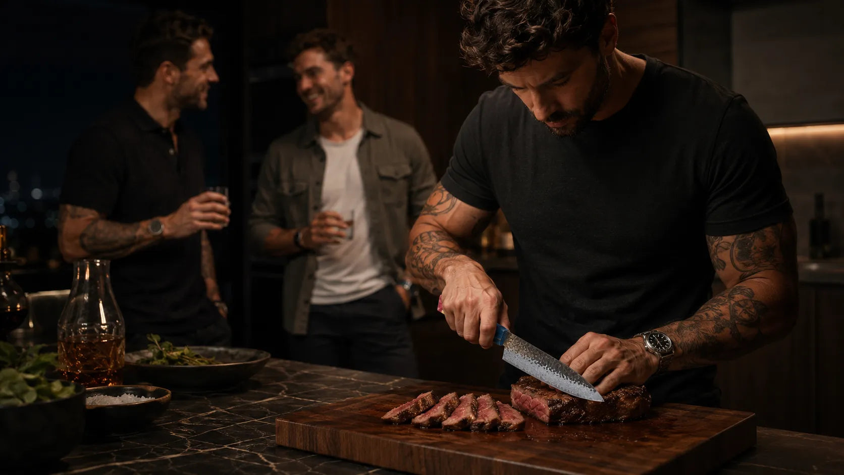 Man cutting meat on a wooden board with two other men in the background.