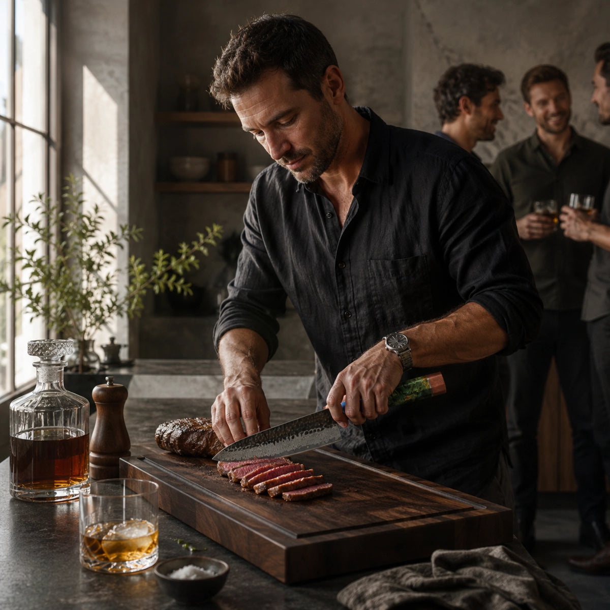 A man in a black button-down shirt slices a cooked steak on a wooden cutting board in a modern kitchen. A bottle of red wine, a wine glass, salt, peppercorns, and a pepper mill are arranged on the counter nearby, with other men holding wine glasses in the softly blurred background.