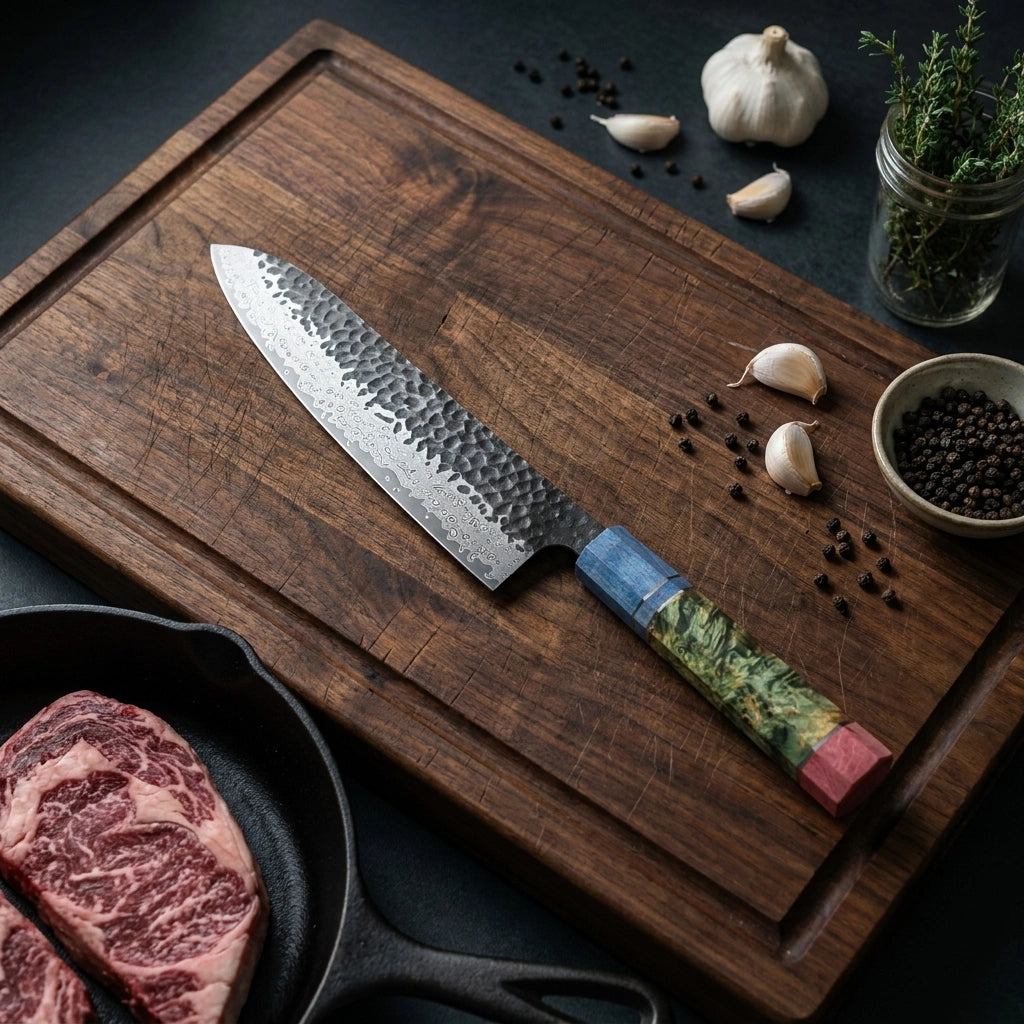 A Japanese-style kitchen knife with a hammered Damascus steel blade and a colorful handle, displayed diagonally on a dark wooden cutting board with raw steak, garlic, peppercorns, and herbs.